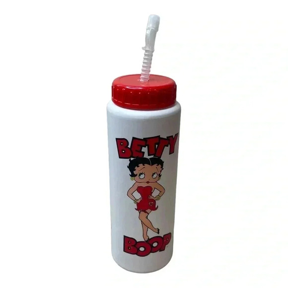 Betty Boop Vintage 1991 Six Flags White Red Water Bottle Cup Bending Straw - Picture 1 of 9
